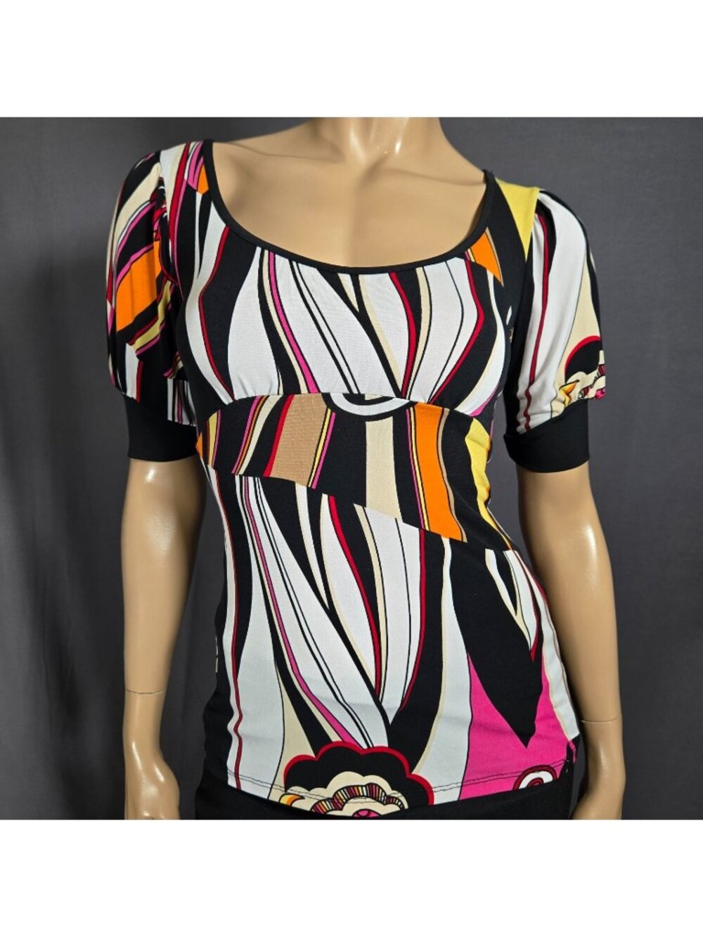 Vintage Y2K Funky Mod Abstract Print Top Size S Tie Back Colorful 2000s Does 60s
